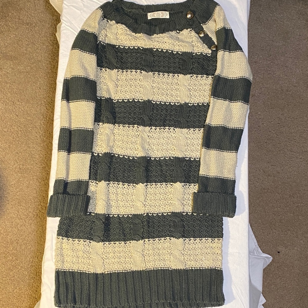 Pink Rose Sweater Dress - Green and Cream Stripes